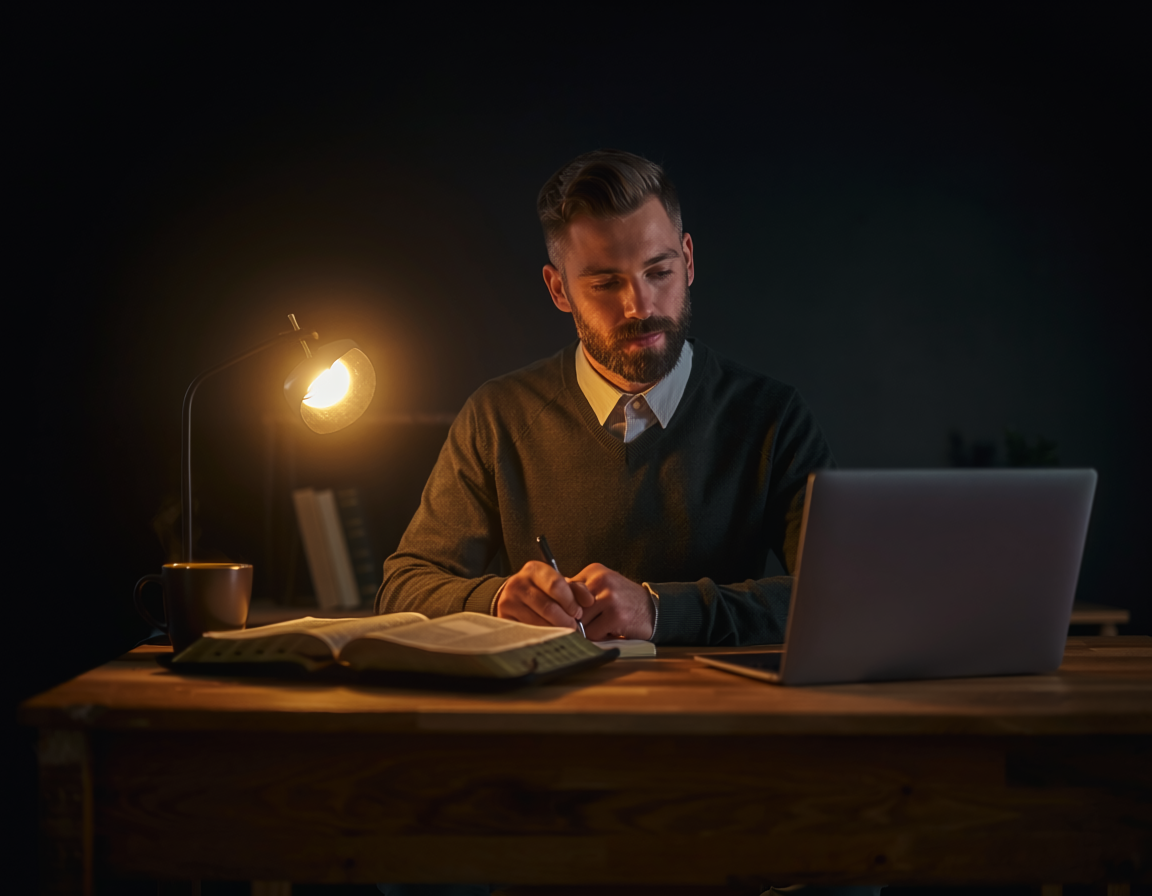 Pastor studying scripture at a desk with an open Bible and laptop